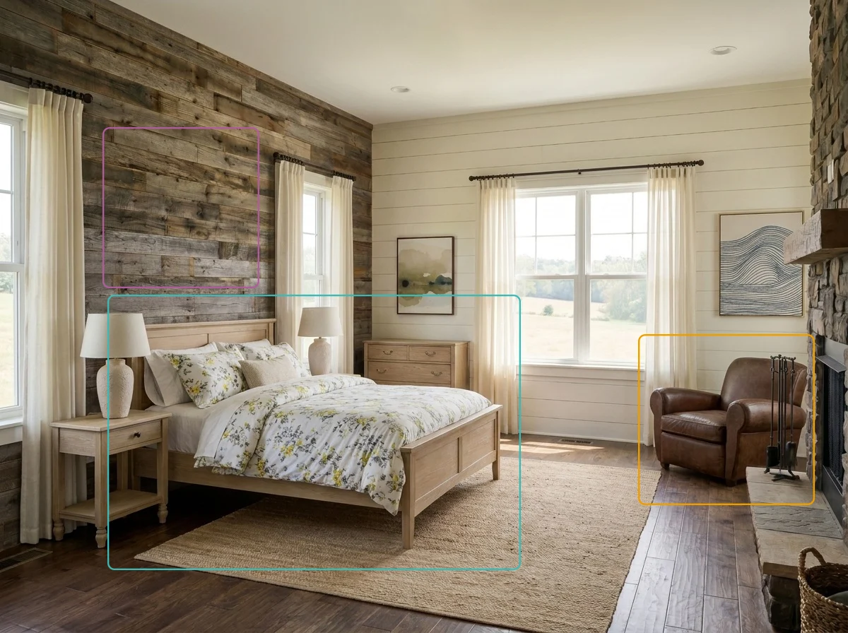 Furnished bedroom with boxes over the pieces to replace
