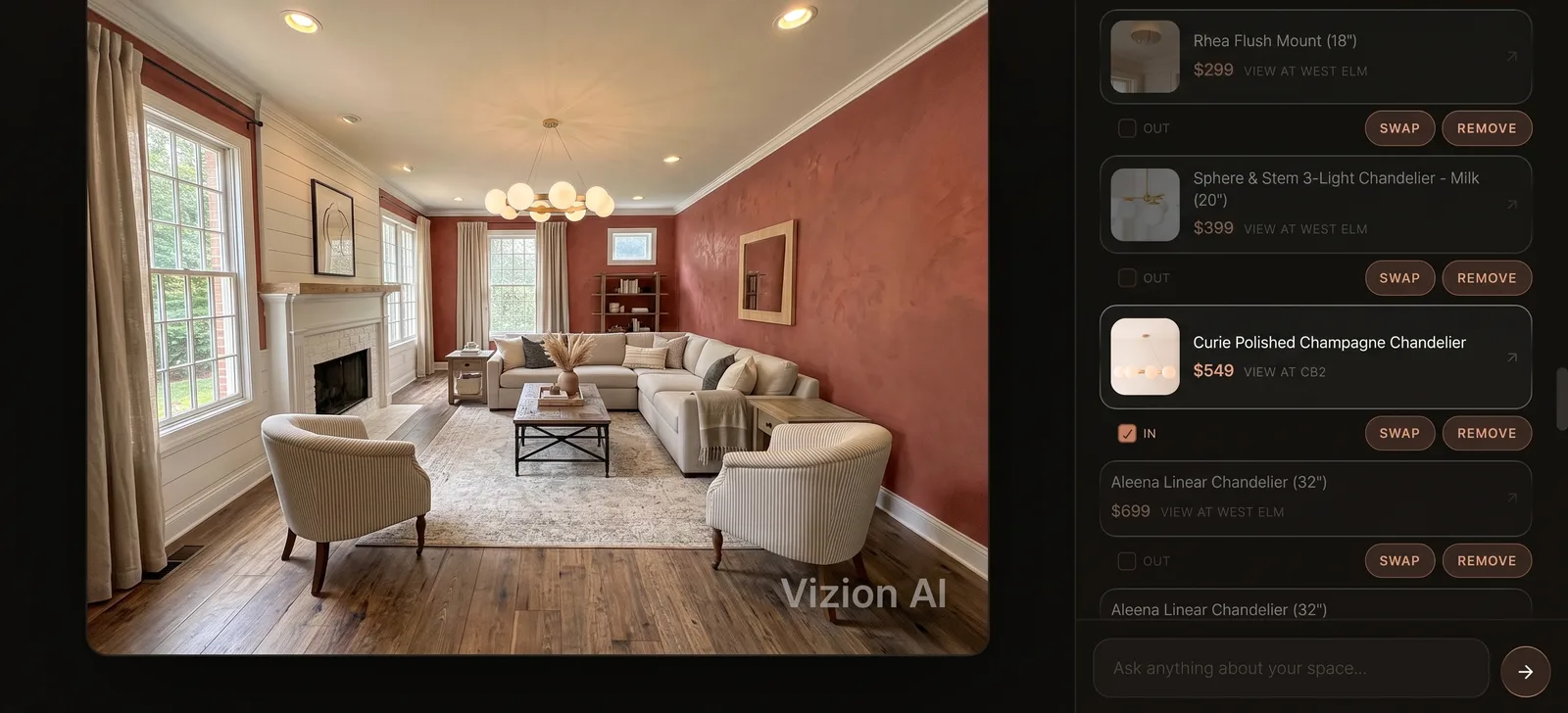 An AI assistant proposing real furniture options for a living room, each with its price and retailer, with swap and remove controls
